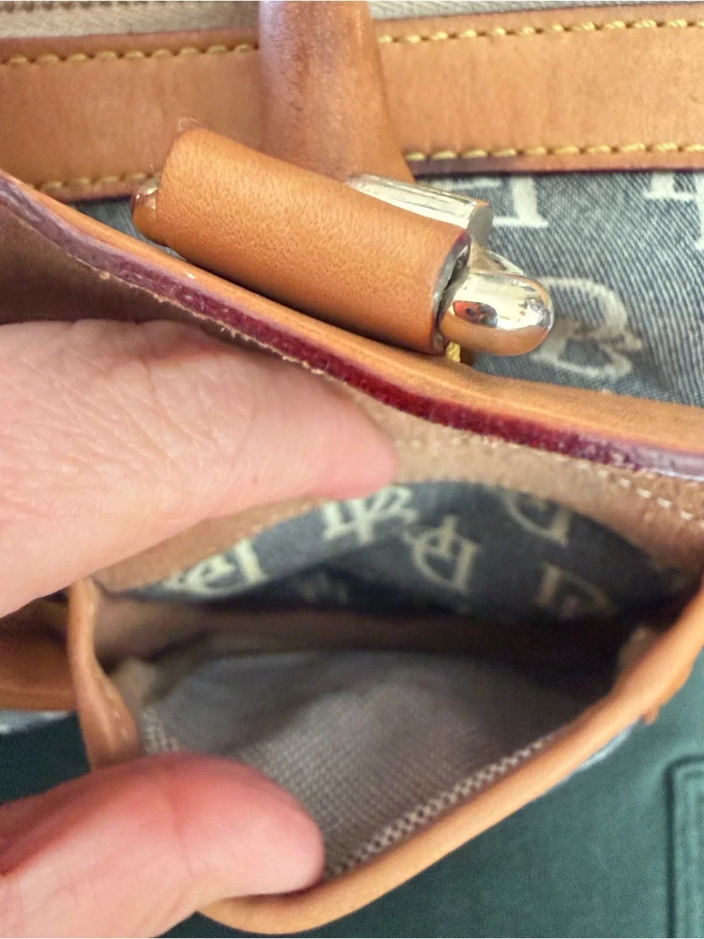 Vintage Dooney & Bourke Blue Monogram Canvas with Brown Leather Trim Satchel